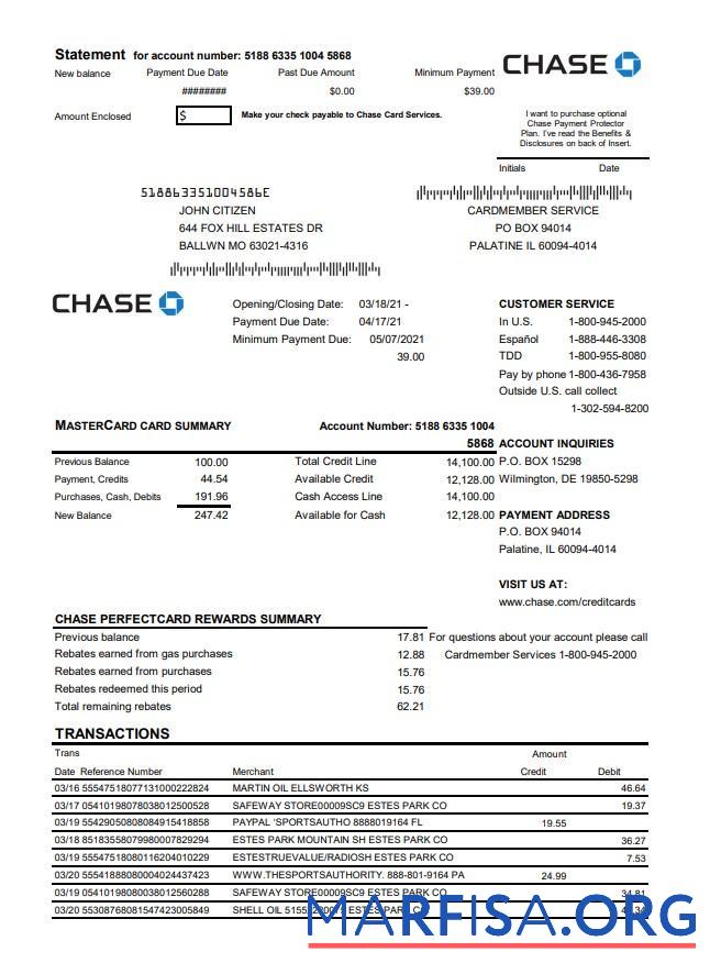 Blank USA Chase bank Mastercard card statement word real example